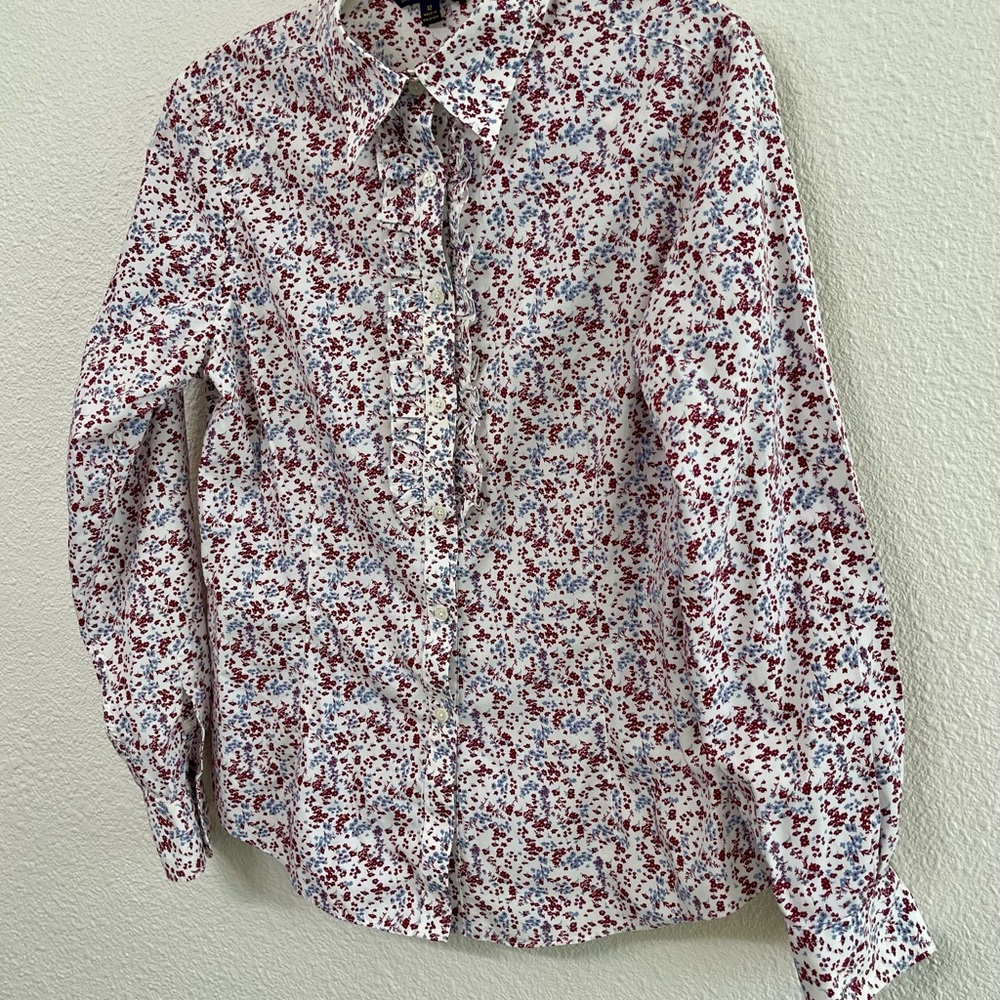 Brooks Brothers Women's Floral Shirt with Ruffled Front - Red and Blue Size 12 - Picture 2 of 7